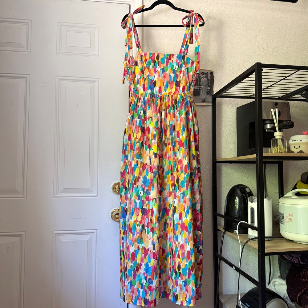 NWT AVARA rainbow multicolor watercolor sleeveless smocked midi maxi sundress